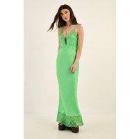 NastyGal Women's Hammered Satin Tie Front Lace Cutwork Maxi Dress in Apple Green | Size: 16