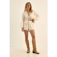 NastyGal Women's Cotton Lace Trim Pintuck Detail Shorts in Cream | Size: 16