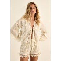 NastyGal Women's Cotton Lace Trim Tie Front Balloon Sleeve Top in Cream | Size: 8