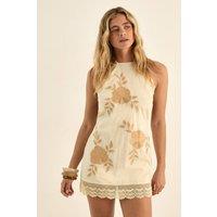 NastyGal Women's Cotton Embroidered Lace Trim Halter Neck Mini Dress in Lemon | Size: 16