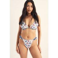 NastyGal Women's Floral Check Ruffle Contrast Tie Triangle Bikini Set in Cream | Size: 10