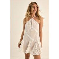 NastyGal Women's Cotton Voile Lace Insert Halter Neck Godet Mini Beach Dress in Cream | Size: 10