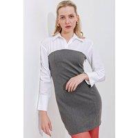 Big Dart Women's Color Blocked Mini Dress with Shirt Collar & Long Sleeves in Charcoal | Size: Medium