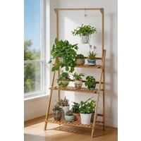 ExtraStar Wooden Ladder Plant Stand 3 Tier Foldable Shelf Rack in Natural
