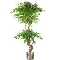 Leaf 150cm Twisted Trunk Artificial Fruticosa Ficus Tree Silver Planter in Green