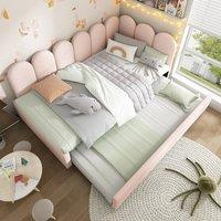 Merax 3FT Single L-Form Upholstered Daybed With Pull Out Guest Bed in Pink