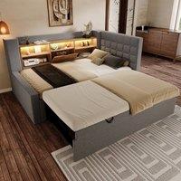 Merax Upholstered Single Daybed with Trundle Storage Headboard & Charging in Grey