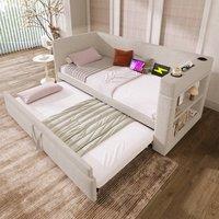 Merax Trundle Daybed Upholstered Guest Bed with Cup Holders & Charging in Beige | Size: Single