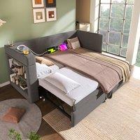 Merax Trundle Daybed Upholstered Guest Bed with Cup Holders & Charging in Grey | Size: Single