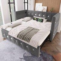 Merax 3ft Single Velvet Upholstered Bed Daybed with Trundle & Charging in Grey