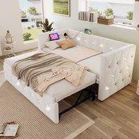 Merax 3ft Single Velvet Upholstered Bed Daybed with Trundle & Charging in Beige