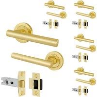 AFIT Satin Brass T-Bar Door Handle & Latch Set Round Rose 5 Pairs in Gold | Size: 150mm x 150mm
