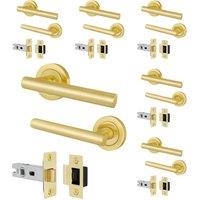 AFIT Satin Brass T-Bar Door Handle & Latch Set Round Rose 6 Pairs in Gold | Size: 150mm x 150mm