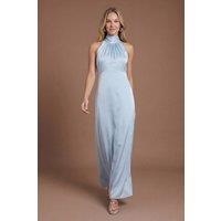 Oasis Women's Light Blue Satin Halter Neck Maxi Bridesmaid Dress | Size: 12