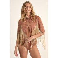 NastyGal Women's Satin Cutwork Embellished Tassel Cape in Nude | Size: Large
