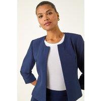 Roman Women's Cropped Bolero Tailored Jaquard Jacket Wedding Shrug Fitted Blazer in Navy | Size: 10