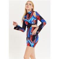 House of Holland Women's Abstract Print Mini Dress With Cut Out Details & Sleeve Slit | Size: 12