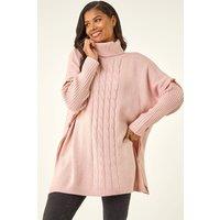 Roman Women's Cable Knit Roll Neck Poncho Jumper in Pink | Size: Large/XL
