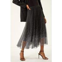 Roman Women's Polka Dot Print Elasticated Mesh Skirt in Black | Size: 14