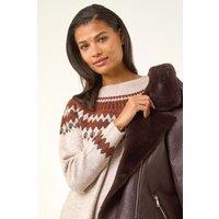Roman Women's Soft Knit Fairisle Jumper Dress in Beige | Size: 10