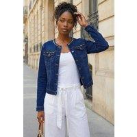 Roman Women's Collarless Tape Stretch Denim Jacket in Indigo | Size: 20