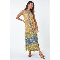 Roman Women's Patchwork Print Tiered Maxi Dress in Amber | Size: 10