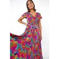 Roman Women's Floral Ruched Waist Midi Dress in Fuchsia | Size: 10
