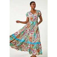 Roman Women's Paisley Print Shirred Waist Maxi Dress in Light Blue | Size: 10
