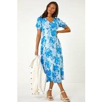 Roman Women's Button Through Floral Shirred Midi Dress in Blue | Size: 10