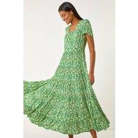Roman Women's Floral Print Ruched Sleeve Midi Dress in Green | Size: 18