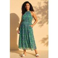 Roman Women's Curve Abstract Print Halter Maxi Dress in Turquoise | Size: 18