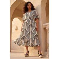 Roman Women's Curve Abstract Button Detail Midi Dress in White | Size: 18