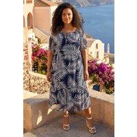 Roman Women's Curve Leaf Print Tie Neck Midi Dress in Navy | Size: 18