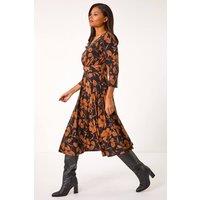 Roman Women's Leaf Print Wrap Midi Dress in Tan | Size: 10