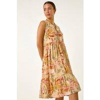 Roman Women's Leaf Print Lace Detail Smock Dress in Peach | Size: 20