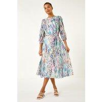 Roman Women's Blurred Print Pleat Neck Midi Dress in White | Size: 14