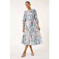 Roman Women's Blurred Print Pleat Neck Midi Dress in White | Size: 20