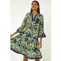 Roman Women's Palm Print V-Neck Tiered Dress in Navy | Size: 10