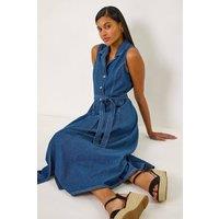 Roman Women's Denim Button Through Midi Dress in Mid Blue | Size: 16