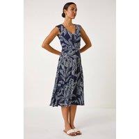 Roman Women's Leaf Print Twist Front Stretch Dress in Navy | Size: 10