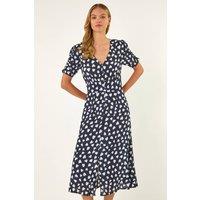 Roman Women's Heart Print Ruched Midi Dress in Navy | Size: 10