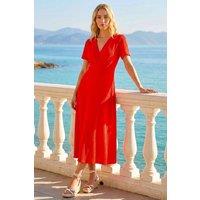 Roman Women's Textured Wrap Bodice Midi Dress in Red | Size: 18
