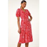 Roman Women's Floral Midi Tea Dress in Red | Size: 18