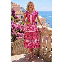 Roman Women's Floral Contrast Stitch Midi Dress in Pink | Size: 14