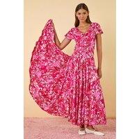 Roman Women's Floral Ruched Waist Midi Dress in Pink | Size: 10