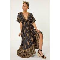 Roman Women's Petite Foil Print Boho Maxi Dress in Black | Size: 14