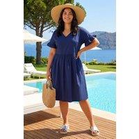 Roman Women's Curve Cotton V-Neck Frill Dress in Navy | Size: 22-24