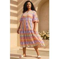 Roman Women's Curve Stripe Print Boho Tiered Dress in Yellow | Size: 16