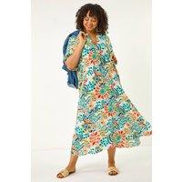 Roman Women's Curve Printed V-Neck Midi Dress in Blue | Size: 22-24