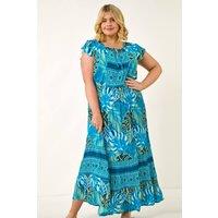 Roman Women's Curve Tropical Tie Neck Dress in Blue | Size: 18